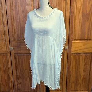 SHEIN White Mini Sheer Dress with Pom Pom Trim L                            CCC2